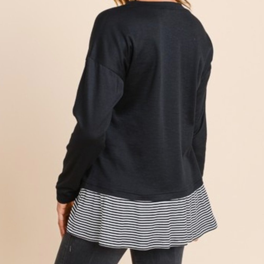 Black Long Sleeve Top with Striped Bottom - Picture 4 of 4